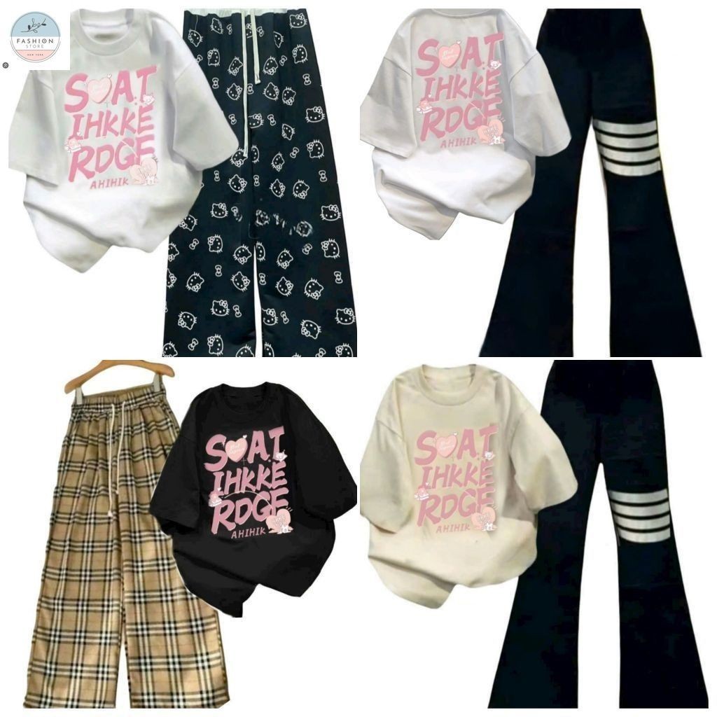 Sét Bộ Quần Ống Suông Kak Trắng i Cạp Chun + Mix Áo Thun Tăm  Trơn Cổ Tròn CROPTOP chất Tăm Hàn-QUẦN ÁO 94