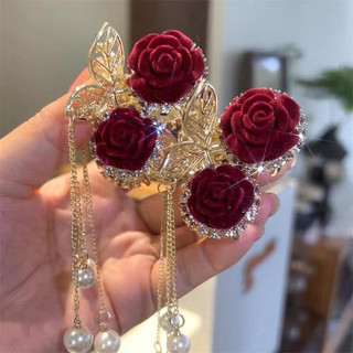 Phong Cách Trung Hoa Mới Tính Khí Thanh Lịch Phong Cách Mới Hoa Hồng Đỏ Anh Đào Tua Rua Đuôi Ngựa Kẹp Nhỏ Lấy Kẹp
