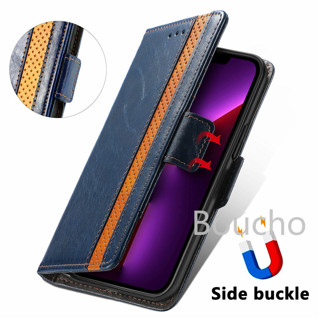 Dành Cho iPhone 13 12 11 Pro XS Max X 8 7 Plus Sang Trọng Nổi Lưới Cổ Điển Ví Da Flip Cover Shatterproof Nam Điện Thoại