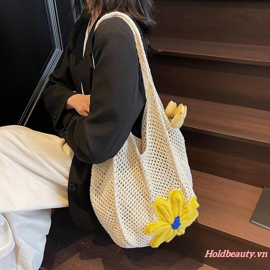 Túi Tote Nữ Slouchy Bohemian 3D Hoa Dệt Ví Đeo Vai Túi Xách Lớn Cho Du Lịch Đi Biển Đại Học