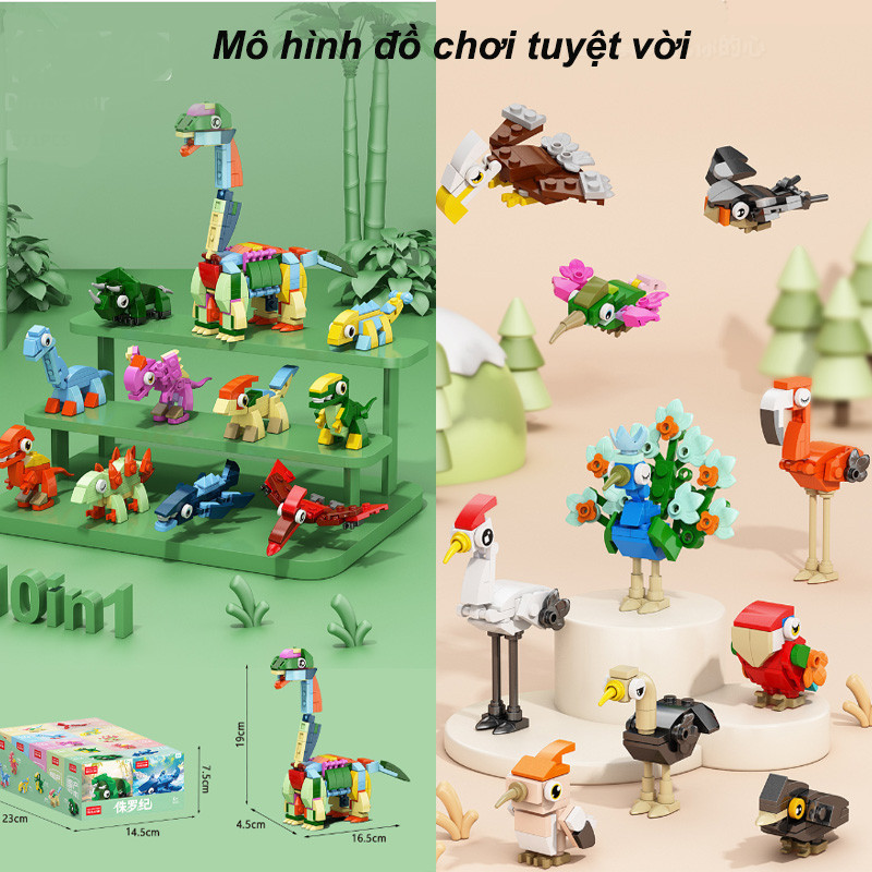 Bộ Đồ Chơi Lắp Ghép Thế Giới Khủng Long 10 in 1, Mô Hình Lắp Ráp Động Vật Bộ Xếp Hình Mini Quà Tặng Cho Bé