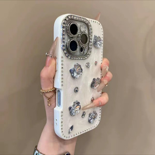 Ốp điện thoại mèo kem viền kim cương flash sang trọng bao gồm tất cả cho iPhone16 15 14 13 Pro Max chống sốc bảo vệ camera chống rơi bìa cứng