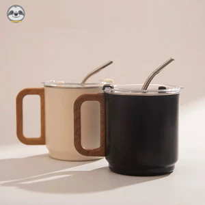 Phong cách Nhật Bản Phong cách Muji / Tay cầm hạt gỗ giả Cốc hai lớp bằng thép không gỉ có nắp / Cốc nước bằng thép không gỉ có ống hút / Cốc cà phê văn phòng