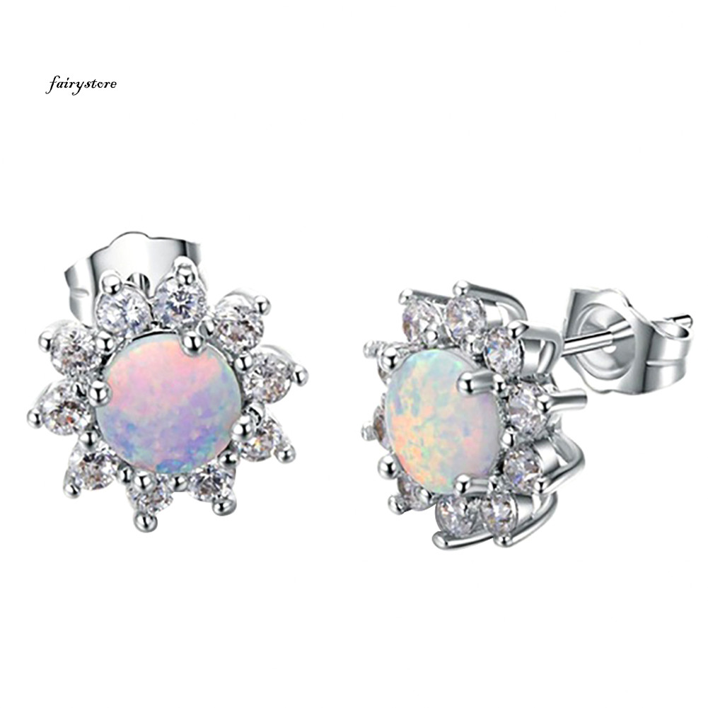 Fairystore| Sáng Bóng Tròn Giả Opal Vương Miện Hình Quyến Rũ Bông Tai Nữ Dự Tiệc Trang Sức Quà Tặng