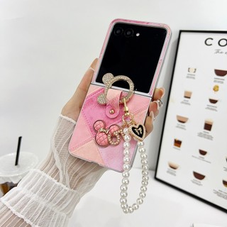 Vòng tay ngọc trai Hàn Quốc Kim cương giả Vỏ da Mickey cho Motorola Razr 50 Ultra 50Ultra Razr 60 50 5G Giá đỡ vòng bảo vệ toàn diện