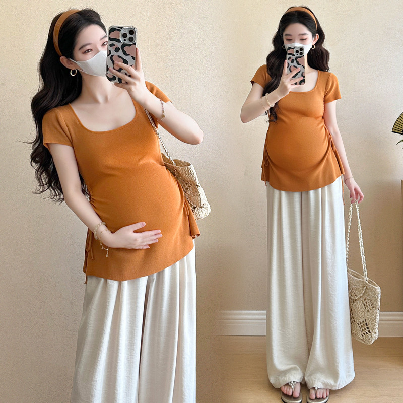 Bộ đồ bà bầu Áo ngắn tay có dây rút mùa hè + Quần ống rộng Bộ đồ hai mảnh