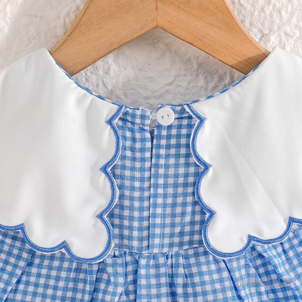 / / -Baby Girl Mùa Hè Kẻ Sọc Áo Liền Quần Màu Xanh Không Tay Cổ Búp Bê Quần Áo Thêu Vịt
