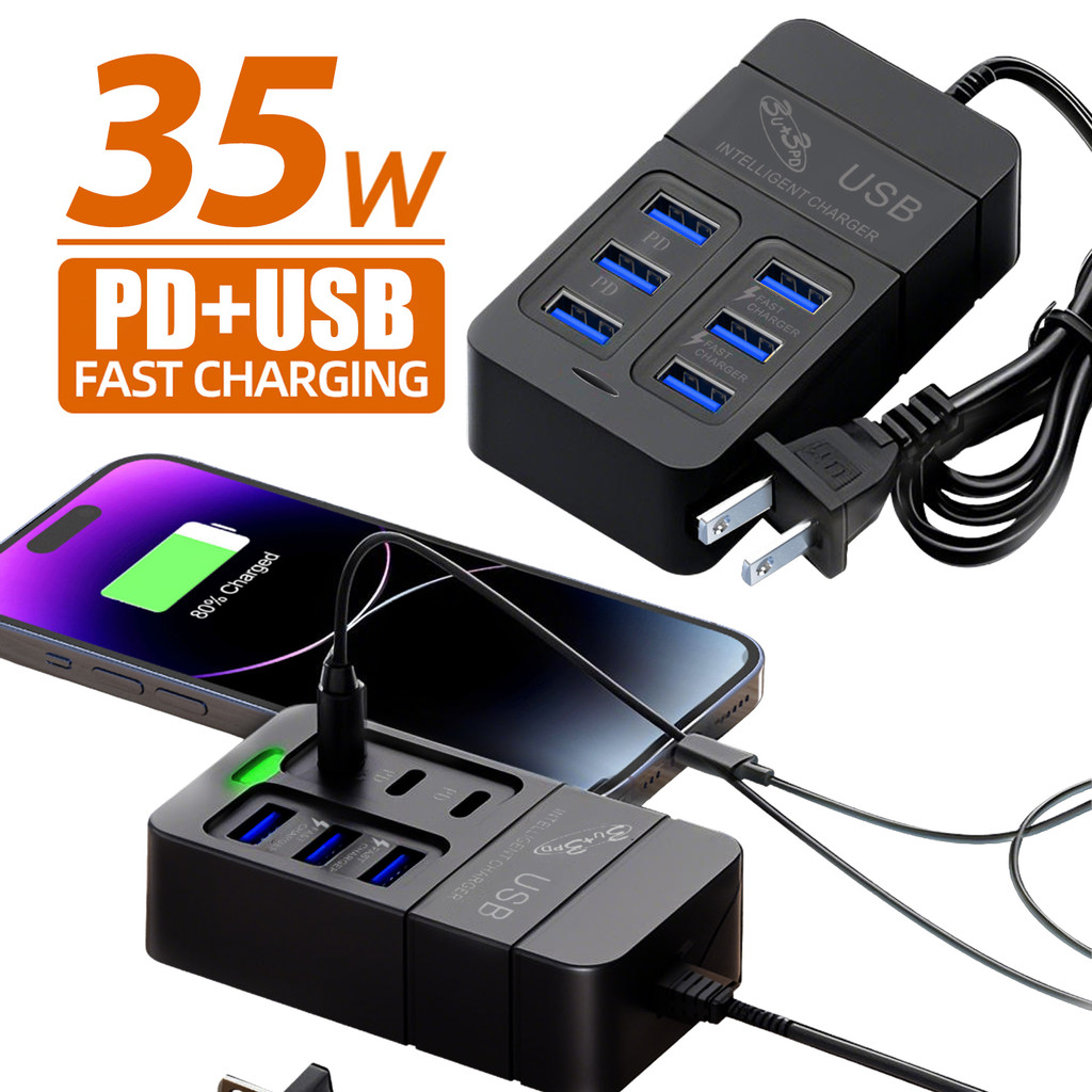 Khối sạc nhanh 6 cổng USB PD với 3 cổng Type-C, Bộ chuyển đổi du lịch đa năng cho US / EU / UK, Trạm sạc đa thiết bị nhỏ gọn