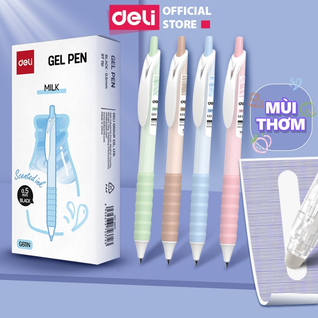 Set 2 Bút Gel Có Mùi Thơm Deli Ngòi 0.5mm Hương Hoa Quả Socola Mực Đen Có Đệm Tay Silicone Mềm Êm Ái Đầu Bấm Trơn Tru