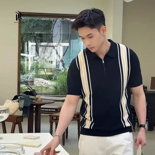 DICHUANGZHE Áo Sơ Mi Polo Tay Ngắn Dệt Kim Nhẹ Trưởng Thành Sọc Rời Top