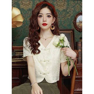 Áo sơ mi nữ mùa hè 2025 phong cách Trung Quốc mới, chất liệu cotton nhẹ, cổ V, nút Mandarin, tay ngắn, áo blouse văn phòng thoải mái