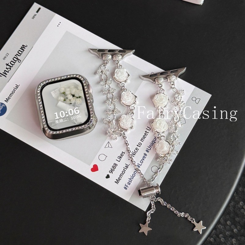 Dây đeo hạt hồng trắng cho Apple Watch Series 10 42 46mm 44mm 38 40 41 49mm 45mm Vòng tay iWatch Series 9 8 7 SE Ultra 2