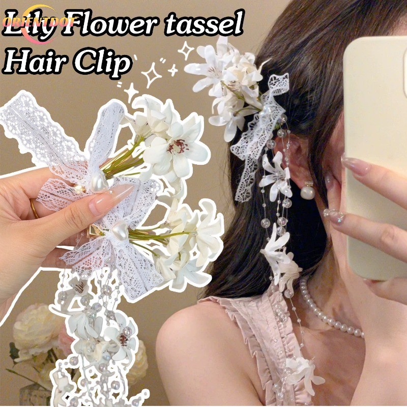 Kẹp tóc tua rua hoa lily thanh lịch - phụ kiện mùa hè đi biển ren nơ mỏ vịt