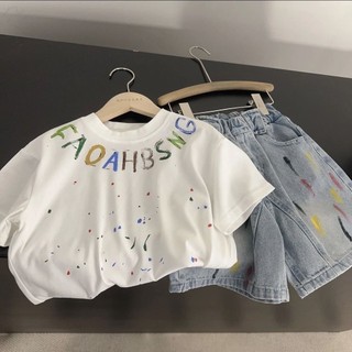 Mùa hè Cotton Nguyên Chất Bé Trai Bé Gái Phiên Bản Hàn Quốc Phù Hợp Với Trẻ Em Nhỏ Áo Thun Tay Ngắn Cho Bé + Quần Short Denim Thường Ngày Bộ Đồ Hai Mảnh