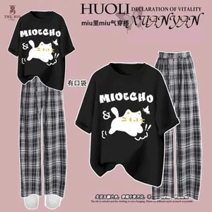 Sét Bộ Quần Ống Suông Kẻ Caro Đen + Mix Áo Phông mèo STUDEN Form Rộng Unisex-SHOP THU BIO98