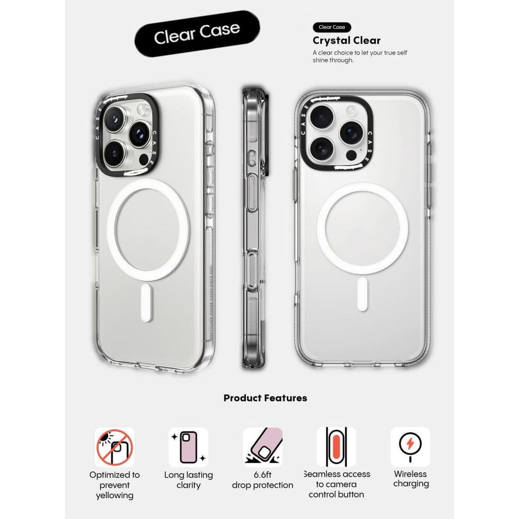 Vỏ hút từ tính trong suốt CASECASE X Impact cho iPhone 16 / 15 / 14 / 13 Pro Max | Mặt sau Acrylic bảo vệ quân sự với bao bì cao cấp