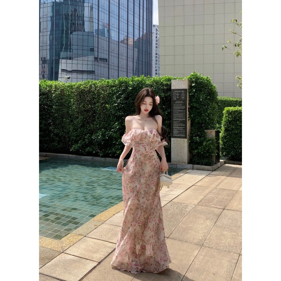 Hoa Xuân Hè Tính Khí Co Giãn Chặt Tay Màu Trà Phá Váy Nấm Cạnh Dây Đầm Nữ Phong Cách Mới