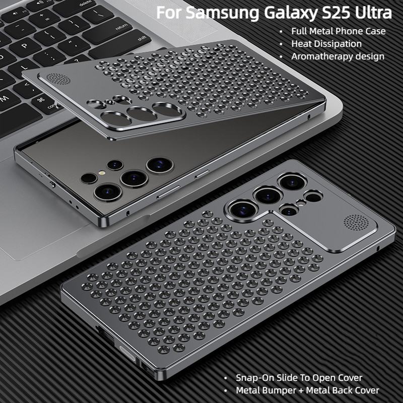 Sang Trọng Thiết Kế Snap-On Trượt Mở Khóa Hương Liệu Tản Nhiệt Full Khung Kim Loại Cứng Dành Cho Samsung Galaxy S25 Ultra S24 Ultra Vỏ Điện Thoại