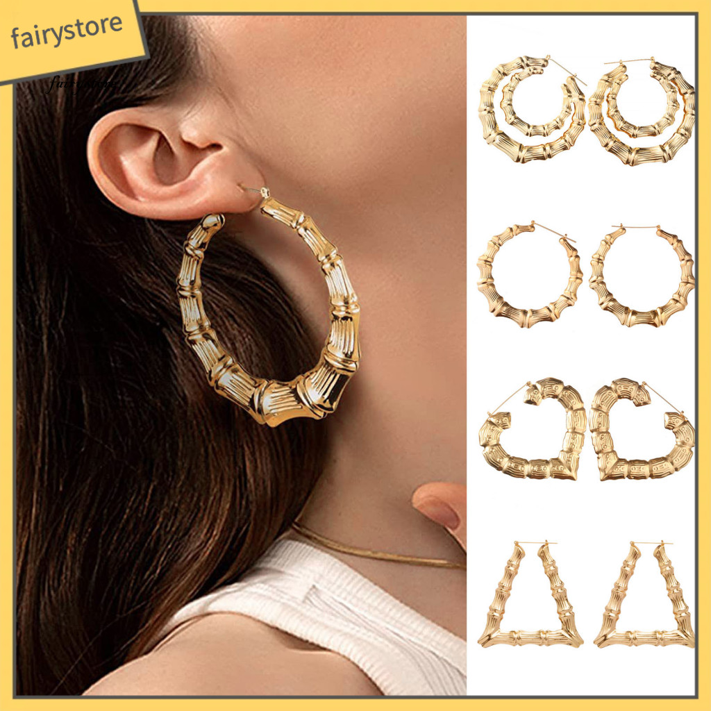Fairystore| Bông Tai Nữ Vòng Đảng Bông Tai Tuyên Bố Tre Khớp Vòng Bông Tai Nữ Phóng Đại Rỗng Ra Thiết Kế Hoàn Hảo Cho Dự Tiệc Dự Tiệc Mạ Điện Hợp Kim Trang Trí Tai