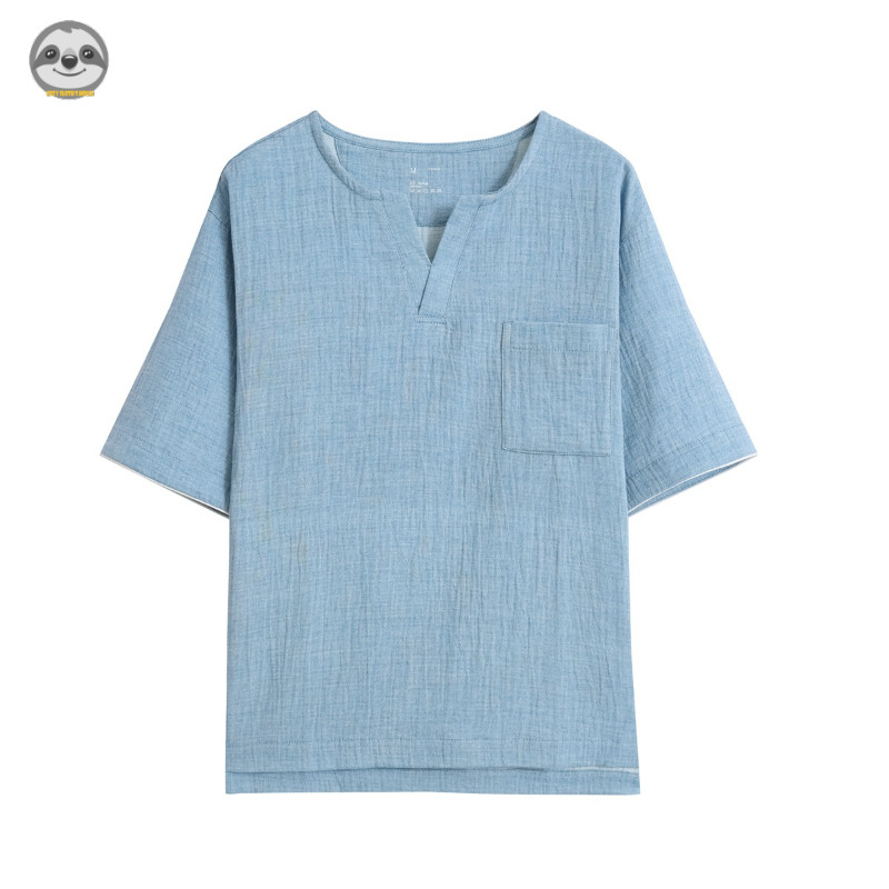 Phong cách Nhật Bản Muji Style / Sợi đôi Cotton nguyên chất Dây rút cổ tròn Quần Short ngắn tay Bộ đồ ngủ / Sợi Cotton nhăn Đồ mặc nhà thông thường