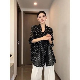 ✨Mùa Hè Retro Pháp Nơ Chấm Bi Voan Áo Sơ Mi Top Rời Lười Tính Khí Chống Nắng Áo Sơ Mi 25.5.29