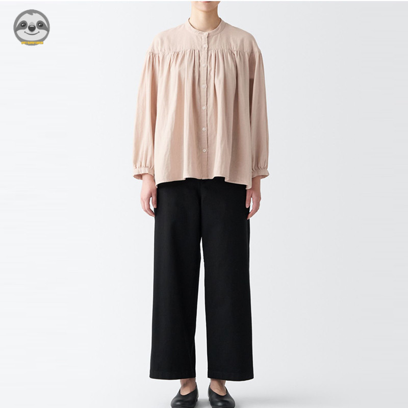 Phong cách Nhật Bản Muji Style / Áo kiểu dây rút dài tay bằng sợi hai lớp dành cho nữ / dáng rộng mỏng hơn trông ngắn hơn
