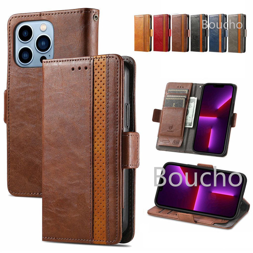 Dành Cho iPhone 13 12 11 Pro XS Max X 8 7 Plus Sang Trọng Nổi Lưới Cổ Điển Ví Da Flip Cover Shatterproof Nam Điện Thoại
