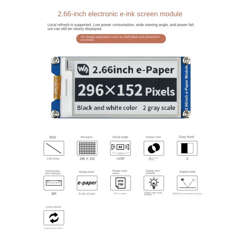 Mô-đun màn hình E-Paper E-Ink 2,66 Inch Phù hợp cho