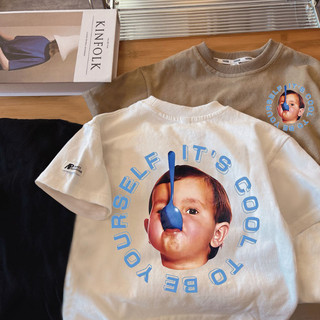 Áo thun ngắn tay cotton mùa hè cho bé trai, phong cách đường phố Mỹ rộng rãi, áo cổ tròn mỏng in họa tiết cho bé trai đẹp trai
