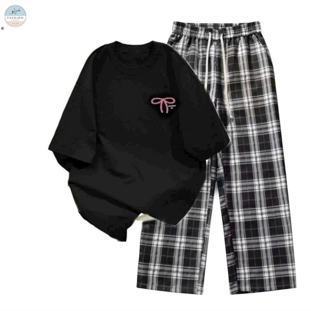 [ Hàng Mới ] Sét Bộ Quần Kẻ caro+ mix áo phông form rộng -nơ AN PHA in ngựC-quanao94