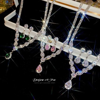 DREJEW Zircon Giọt Nước Mặt Dây Chuyền Vòng Cổ Bông Tai Bộ Ánh Sáng Sang Trọng Cao Cấp Retro