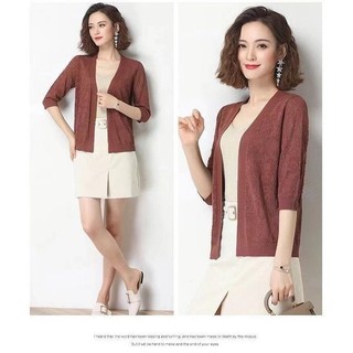 Áo cardigan nữ màu trơn tay ngắn/dài cổ V tay dài mỏng Áo cardigan dệt kim lụa lạnh rỗng rộng rãi