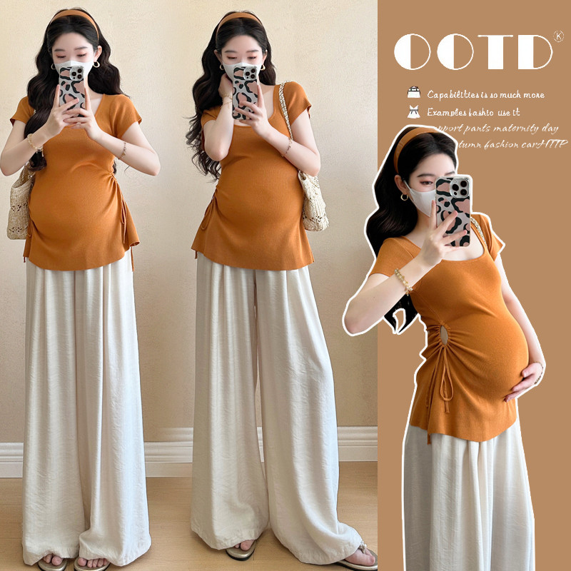 Bộ đồ bà bầu Áo ngắn tay có dây rút mùa hè + Quần ống rộng Bộ đồ hai mảnh