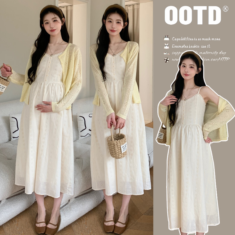 Bộ đồ bà bầu Váy đeo chéo kiểu Pháp mùa hè + Bộ đồ hai mảnh dài tay