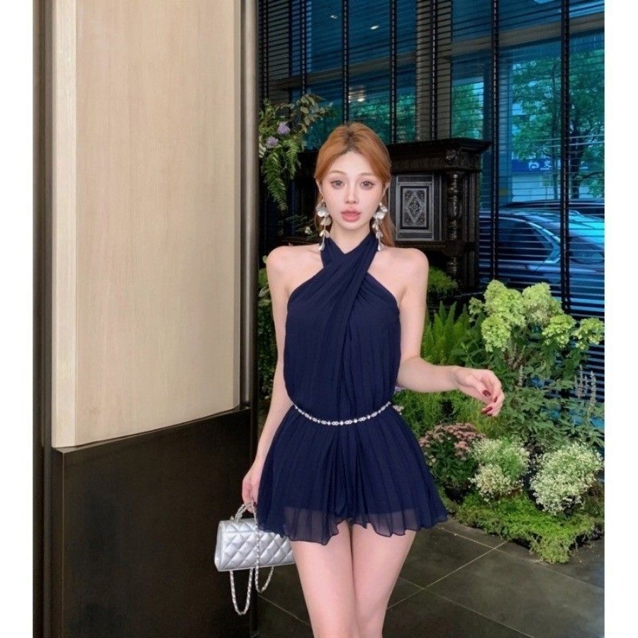 Thanh Lịch Phong Cách Mới Xuân Hè Gợi Cảm Nhẹ Nhàng Màu Trơn Xếp Ly Dây Sling Đầm Nữ Xếp Ly Váy Voan Ống Top Váy