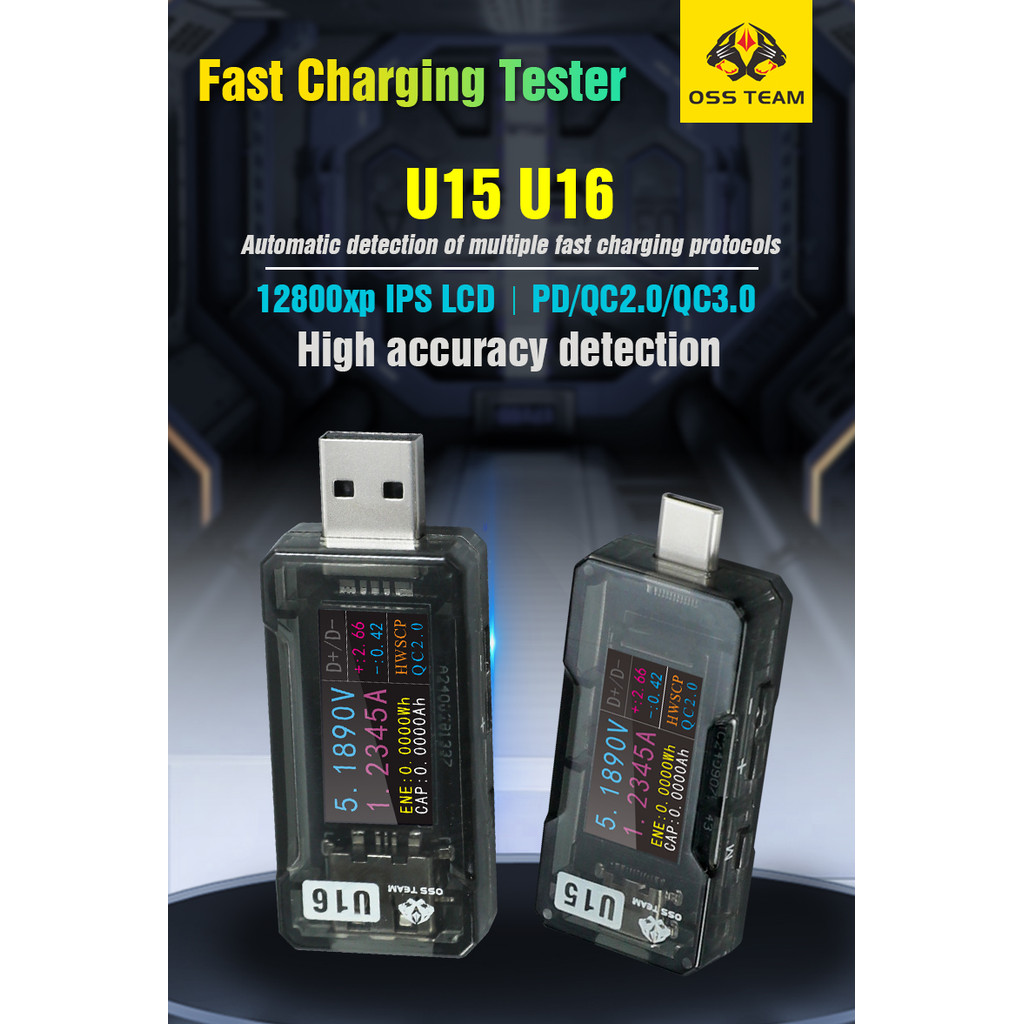 Máy kiểm tra sạc nhanh OSS U15 U16 12A 600W Type-C & USB-A Đồng hồ đo điện áp dòng điện Công cụ kiểm tra dung lượng sạc điện thoại