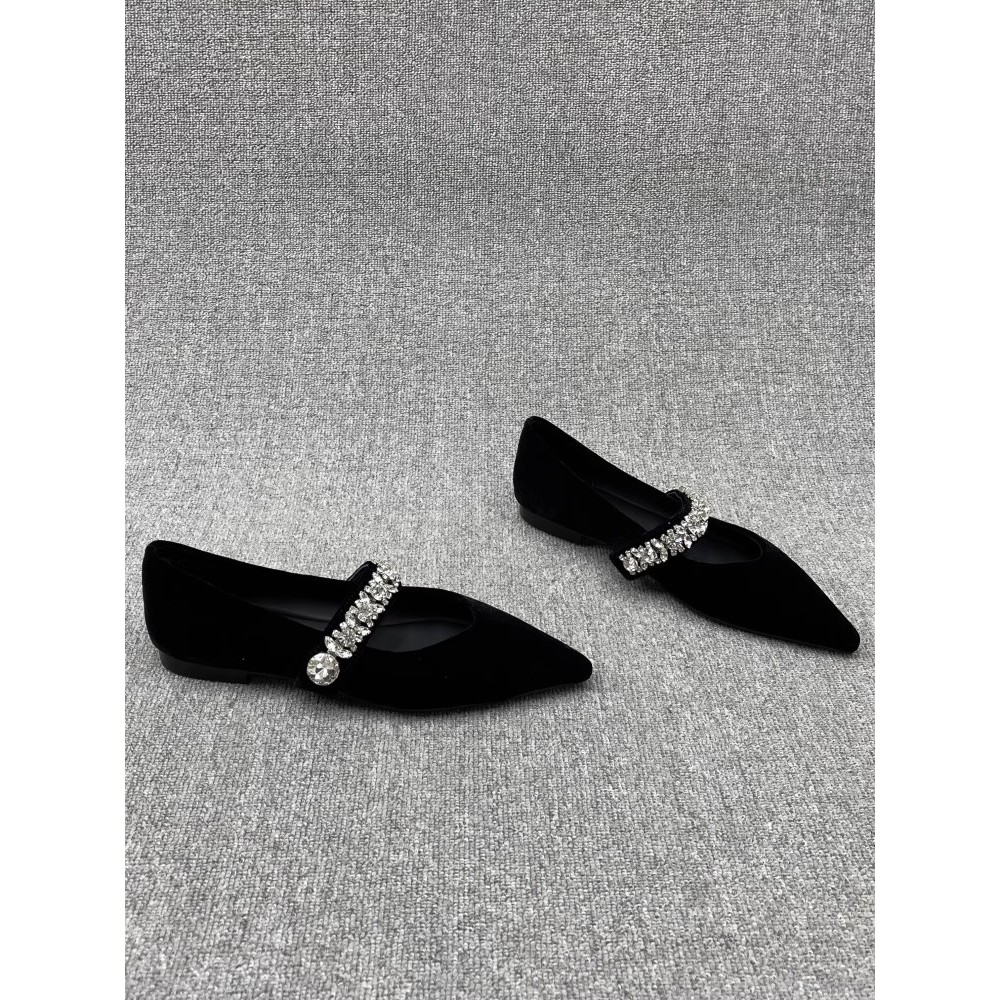 Giày Nữ Size Lớn (32-44) Size Nhỏ 32 33 34 Nhung Mũi Nhọn Miệng Nông Gót Thấp Dây Đeo Kim Cương Giả Mary Jane Giày Đơn Nữ JUNE10