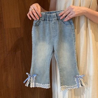 Quần jeans mới mùa xuân cho bé gái, quần ống loe có viền ren, quần dài có nơ cho trẻ em