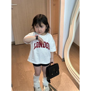 Áo thun cotton ngắn tay rộng cho bé gái mùa hè, áo trắng in chữ cho trẻ em