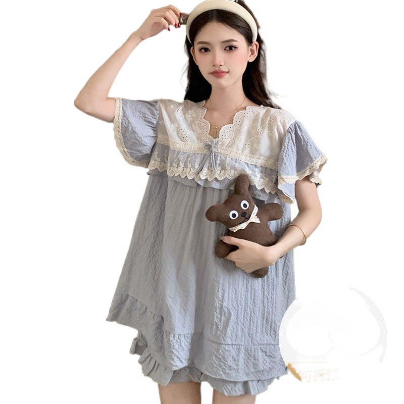 [Ảnh thật] Bộ đồ ngủ nữ có đệm ngực Mùa hè 2024 mới bong bóng cotton ngọt ngào dễ thương tay ngắn mặc ở nhà