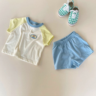 Bộ quần short ngắn tay cotton mùa hè cho bé trai và bé gái, áo phông màu sắc, quần thể thao phong cách Hàn Quốc cho trẻ em, bộ hai món