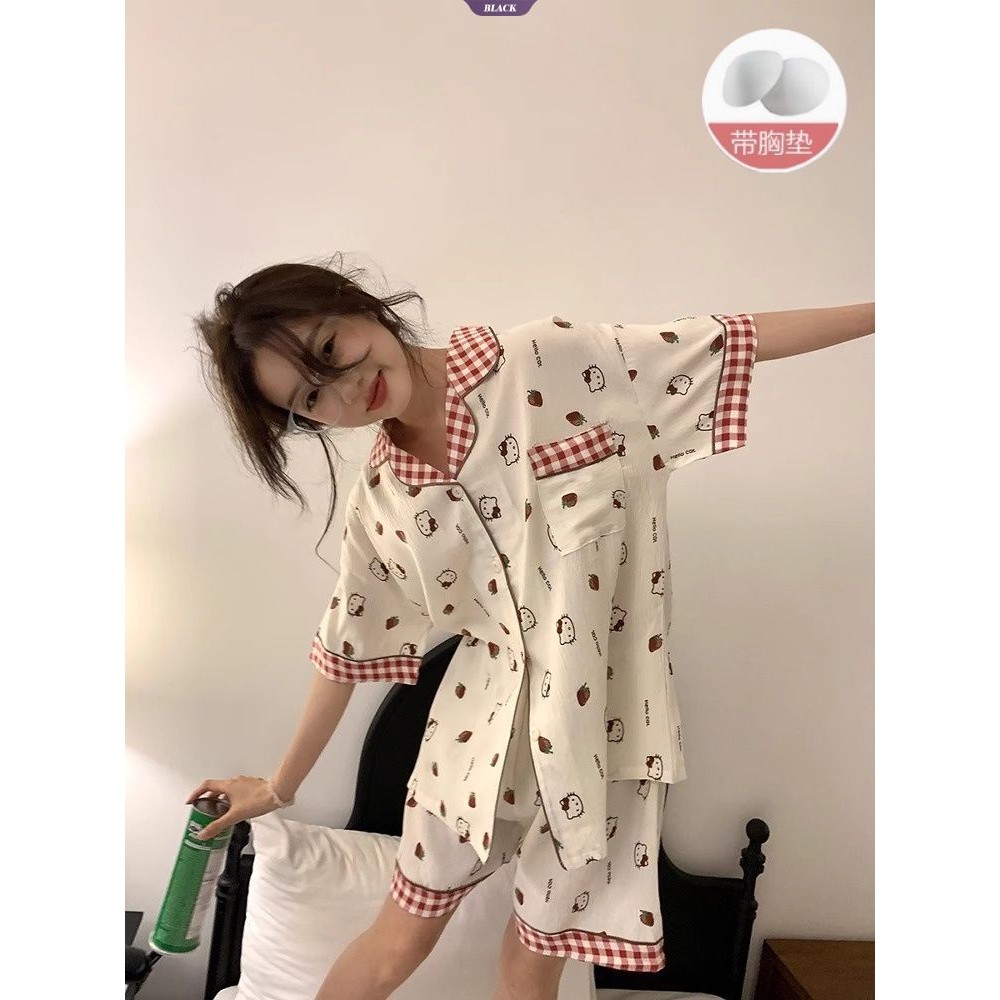 Sweet Ins Strawberry KT Bộ Đồ Ngủ Nữ Mùa Hè Có Miếng Lót Áo Ngực Quần Short Tay Ngắn Hoạt Hình Homewear Set [BL]