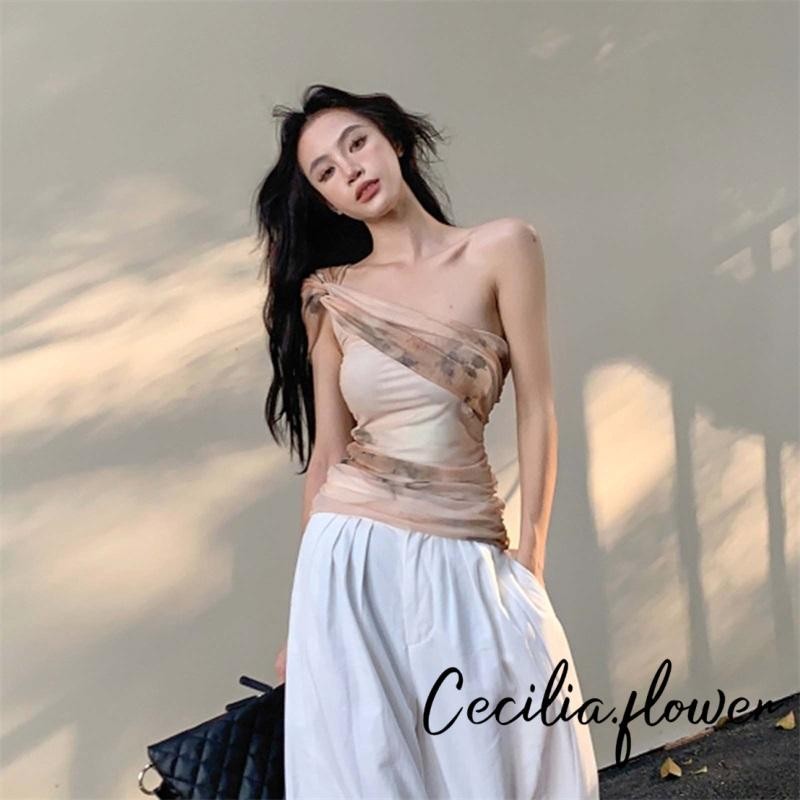 ​Áo Một Vai Croptop Nữ Hở Lưng Sexy, Kiểu Dáng Ruched Y2K, Chất Liệu Lưới Ren Mặc Mùa Hè Phong Cách Basic, Không Tay Slim Fit​