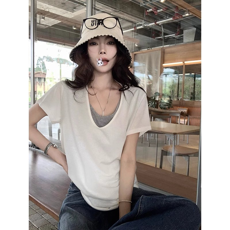 SUXI Áo thun ngắn tay màu trơn đơn giản dành cho nữ mùa hè mới 250605