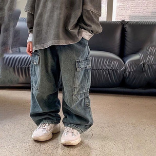 Quần jeans trẻ em mới mùa xuân và mùa thu, quần cargo rộng rãi cho bé trai, quần dài đã giặt cho bé trai