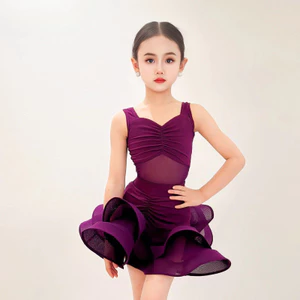 💕Chỗ💕 Trẻ Em Quần Áo Khiêu Vũ Latin Váy Lớn Không Tay Màu Tím Cho Bé Gái 3 Đến 15 Tuổi Váy Khiêu Vũ Latin Xinh Xắn Trang Phục Biểu Diễn