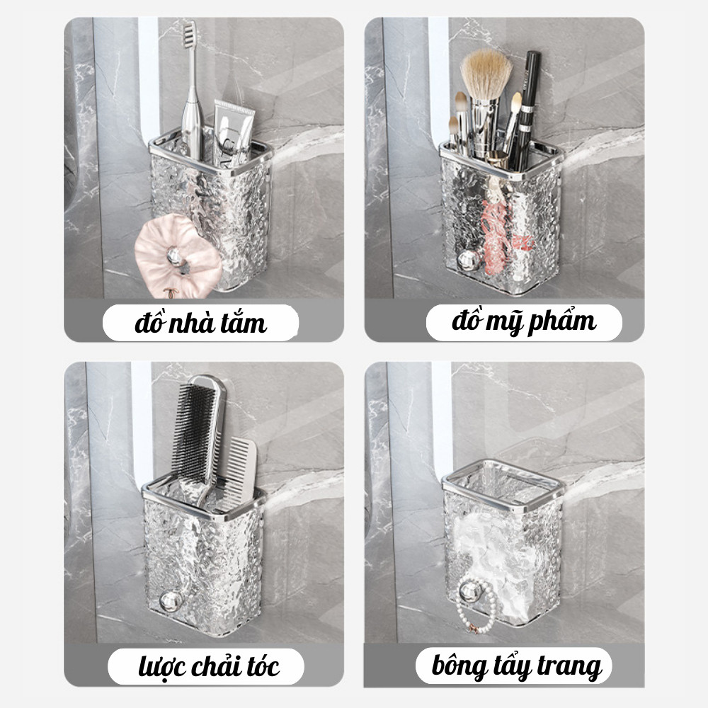 Hộp đựng bông tẩy trang trong suốt, Hộp đựng đồ nhà tắm kèm miếng dán treo tường đa năng tiện lợi