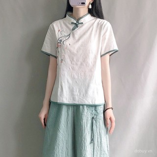 Áo blouse cài nút phong cách Trung Quốc cho phụ nữ, thêu cotton lanh, trang phục lấy cảm hứng từ châu Á cho phụ nữ, áo phong cách dân tộc