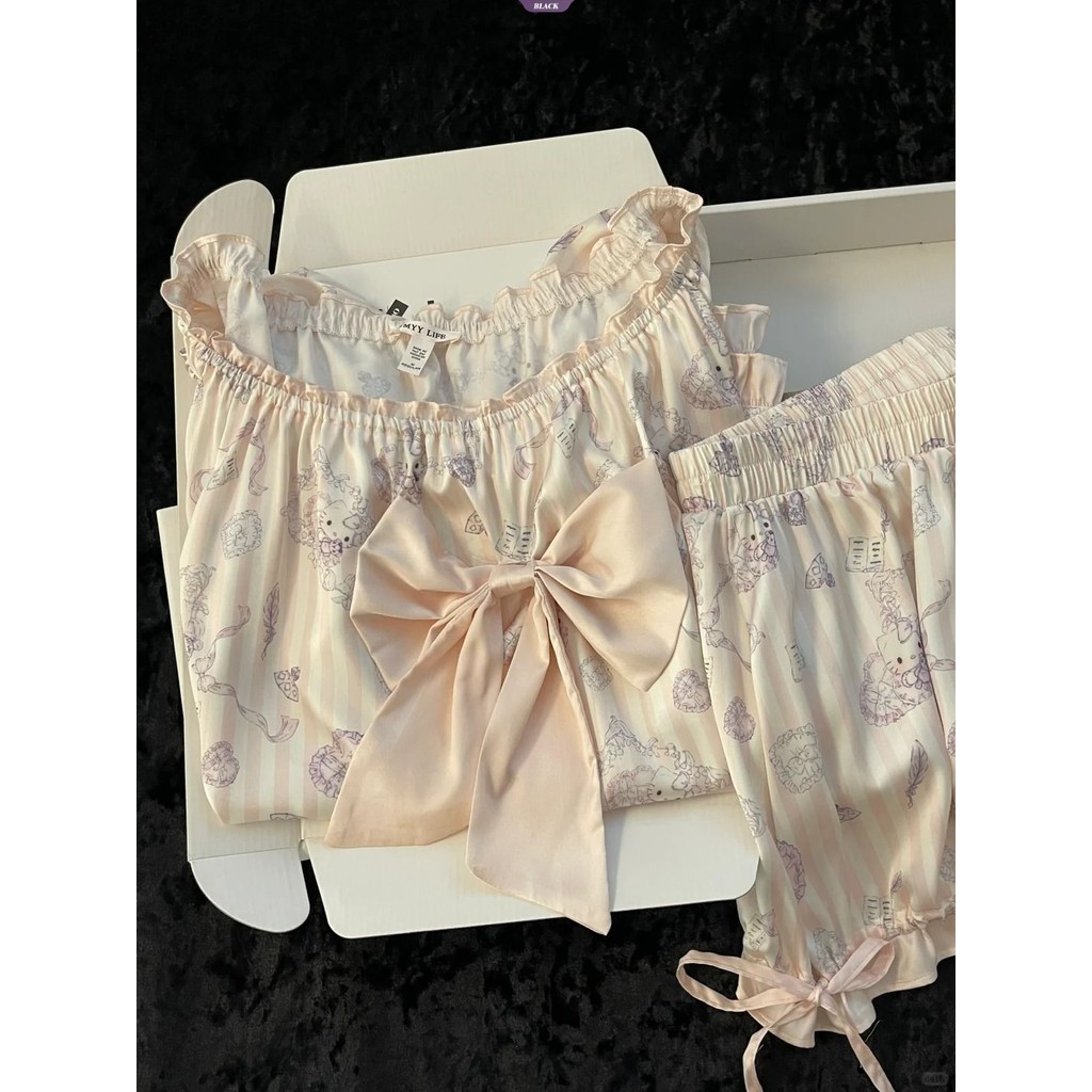 Bộ đồ ngủ Kitty sọc ren nữ mùa hè mới nơ ngọt ngào Quần Short ngắn tay Bộ đồ mặc nhà [BL]