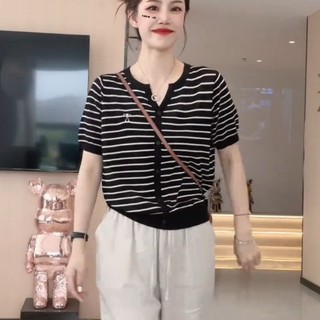 Phong Cách Mới Sọc Băng Lụa Ngắn Tay Áo Thun Nữ Rời Kích Thước Lớn Phù Hợp Với Sli